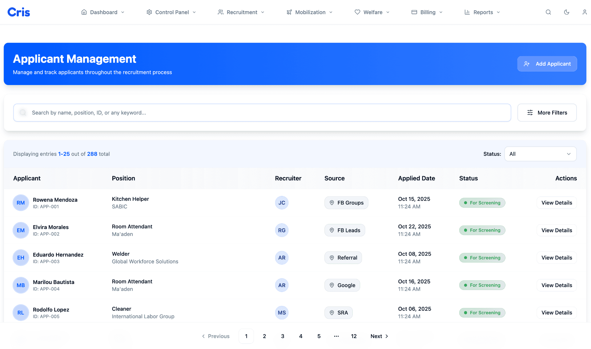CRIS cloud recruitment dashboard showing applicant management for Philippine manpower and OFW recruitment agencies.